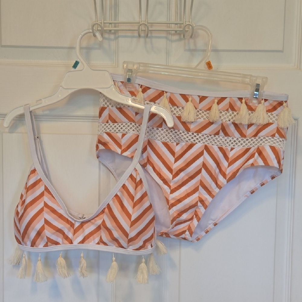 Striped Tassel Bikini Set - Orange & White